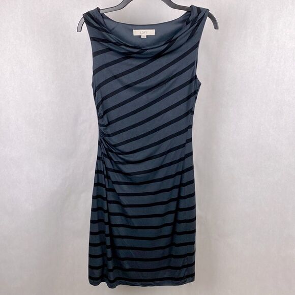 LOFT Dresses & Skirts - Loft Sheath Dress Sleeveless Black Gray Stripe Small Drape Neck Gathered Side